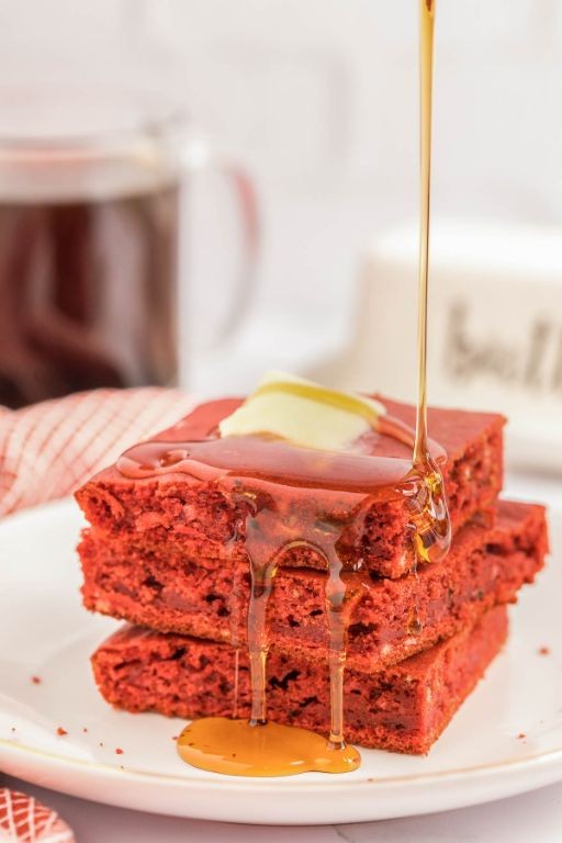 Red Velvet Pancakes with Maple Syrup Drizzle