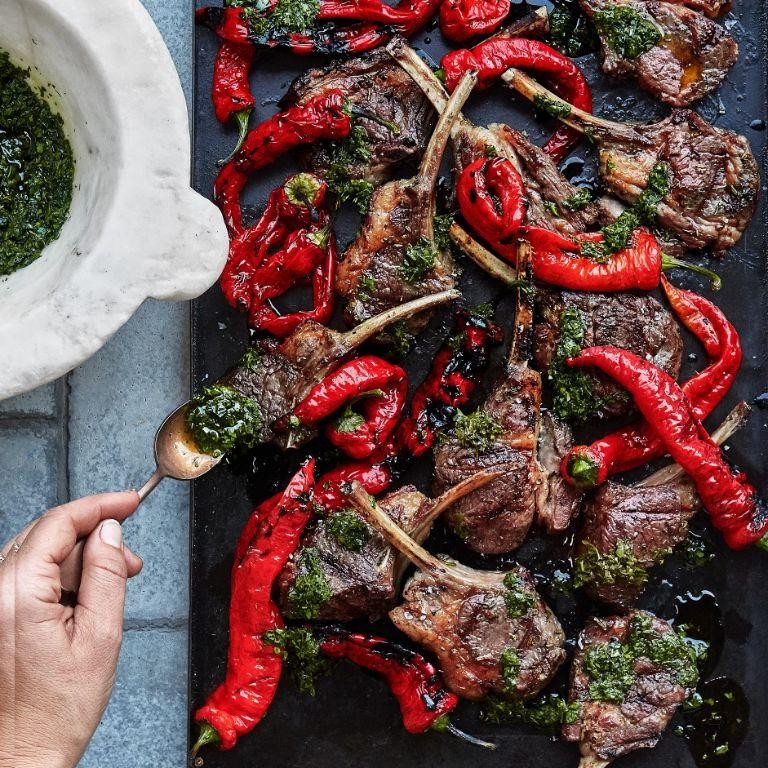 Rosemary-Lamb Chops with Roasted Bell Peppers