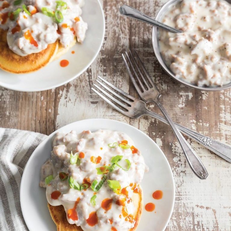 Savory Hoe Cakes with Sausage and Gravy