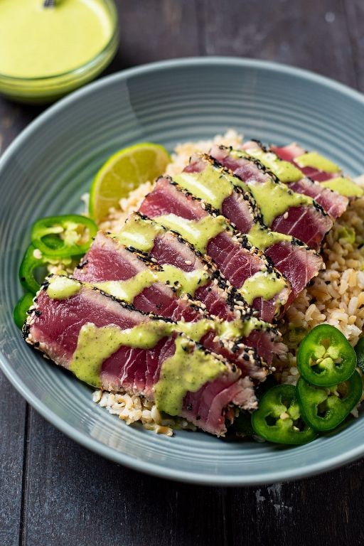 Sesame Tuna Steak with Lime Cilantro Dressing