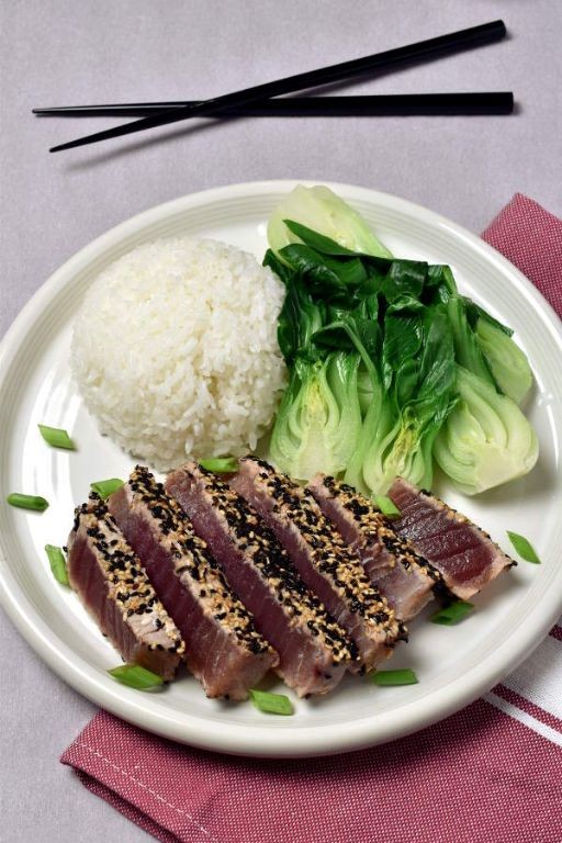 Sesame Tuna Steak with Teriyaki Glaze and Bok Choy
