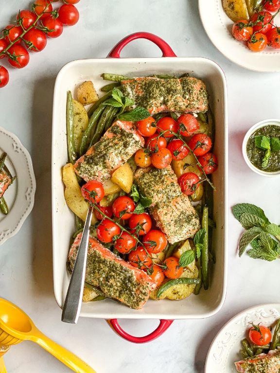 Sheet Pan Pesto Salmon with Cherry Tomatoes