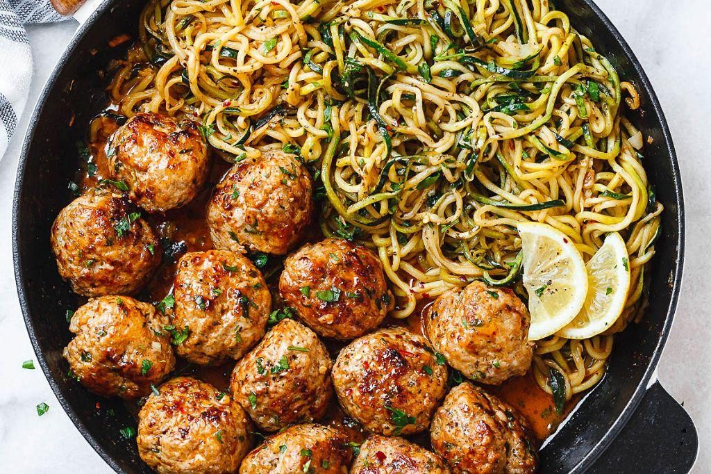 Sheet Pan Spicy Turkey Meatballs with Zoodles