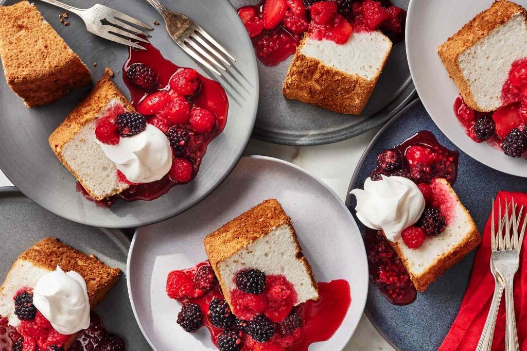 Skittle Angel Food Cake with Berry Compote