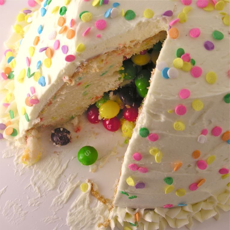 Skittle-Stuffed Funfetti Cake with Sprinkles