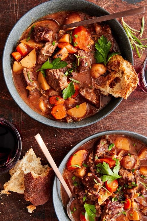 Slow-Cooked Beef Stew with Mirepoix and Red Wine