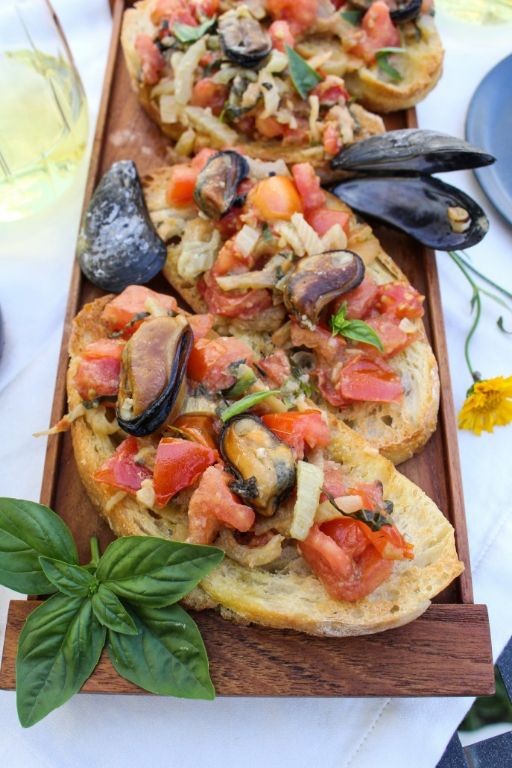 Smoked Mussels Bruschetta with Tomato and Basil
