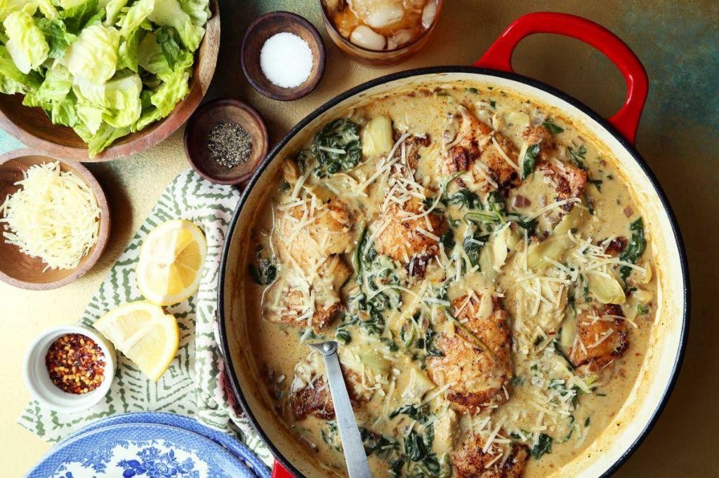 Smothered Chicken Thighs with Spinach and Artichokes
