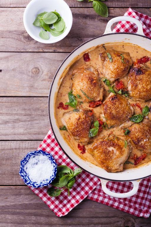Smothered Chicken Thighs with Sundried Tomatoes and Basil