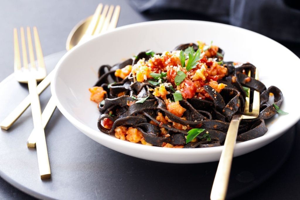 Spicy Squid Ink Pasta with Chorizo and Cherry Tomatoes