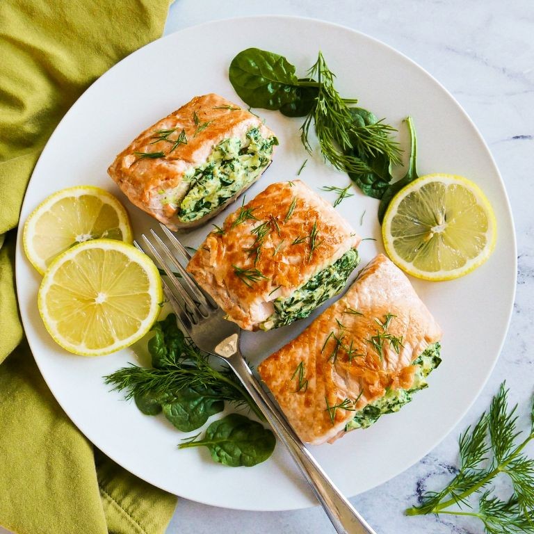 Spinach Wrapped Salmon with Lemon Dill Sauce