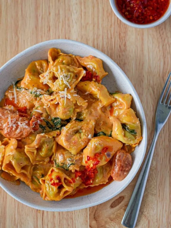 Spinach and Ricotta Stuffed Tortellini in Creamy Tomato Sauce
