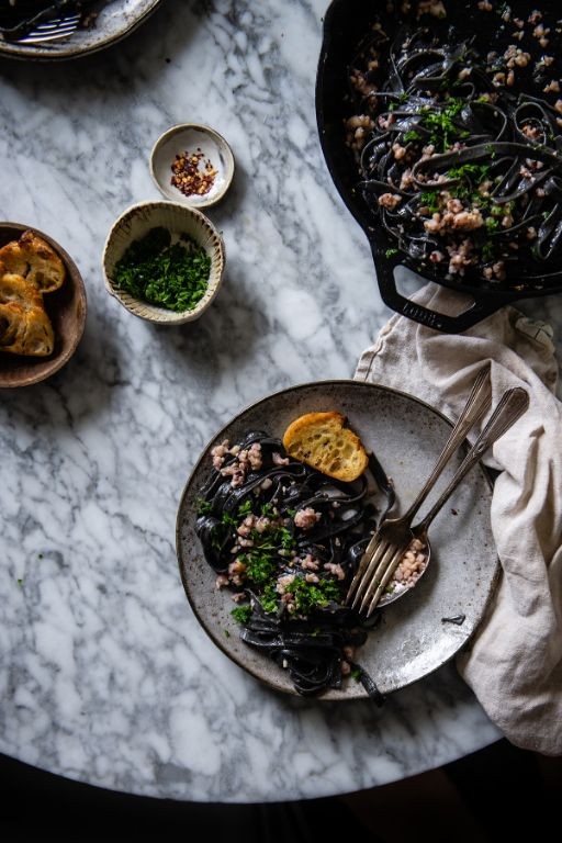 Squid Ink Pasta with Calamari and Garlic Aioli