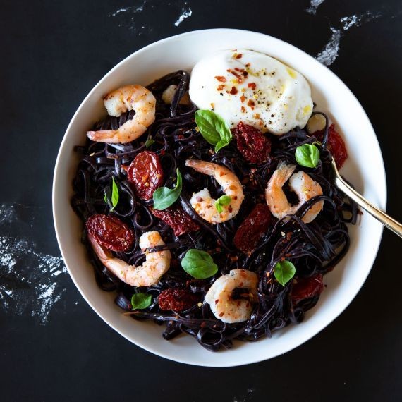 Squid Ink Spaghetti with Burrata and Basil