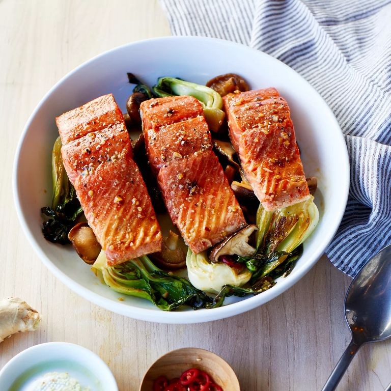 Steamed Ginger Soy Salmon with Bok Choy