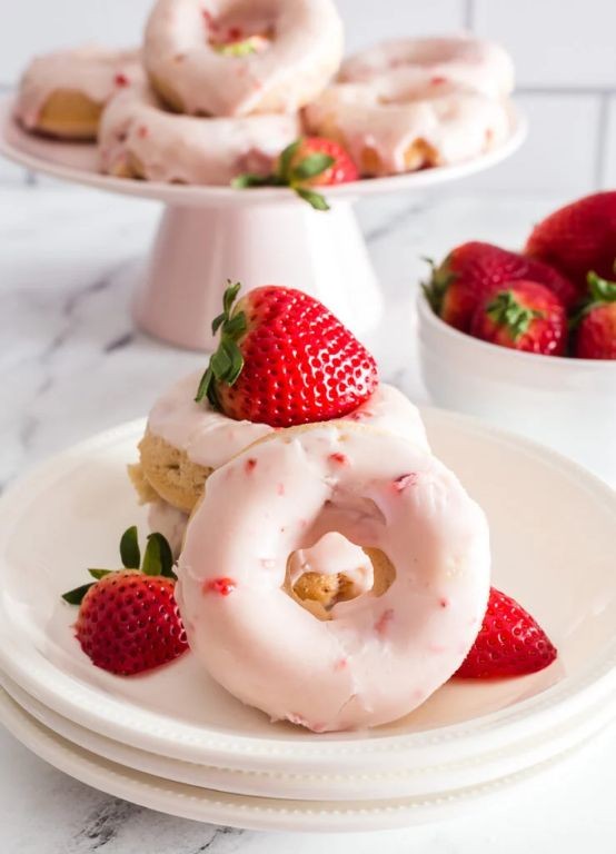 Strawberry Frosted Cake Donuts with Fresh Berries