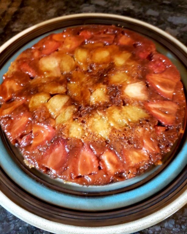Strawberry Rhubarb Sourdough Upside-Down Cake