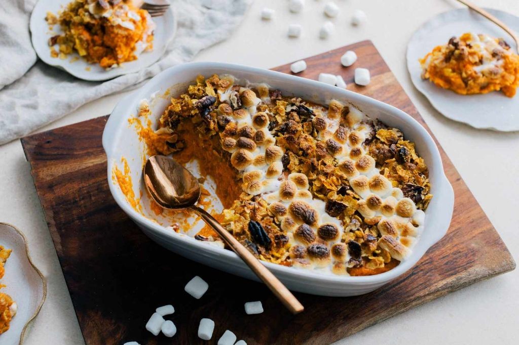 Sweet Potato Casserole with Marshmallow and Pecans