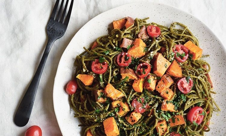 Sweet Potato Noodles with Basil Pesto and Cherry Tomatoes