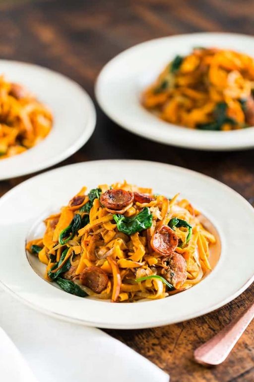 Sweet Potato Noodles with Spicy Sausage and Spinach