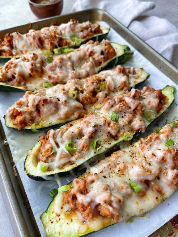 Sweet Potato and Ground Turkey Stuffed Zucchini Boats