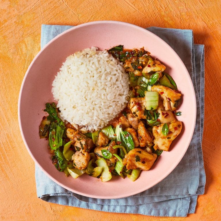 Thai Basil Chicken Chunks with Sticky Rice