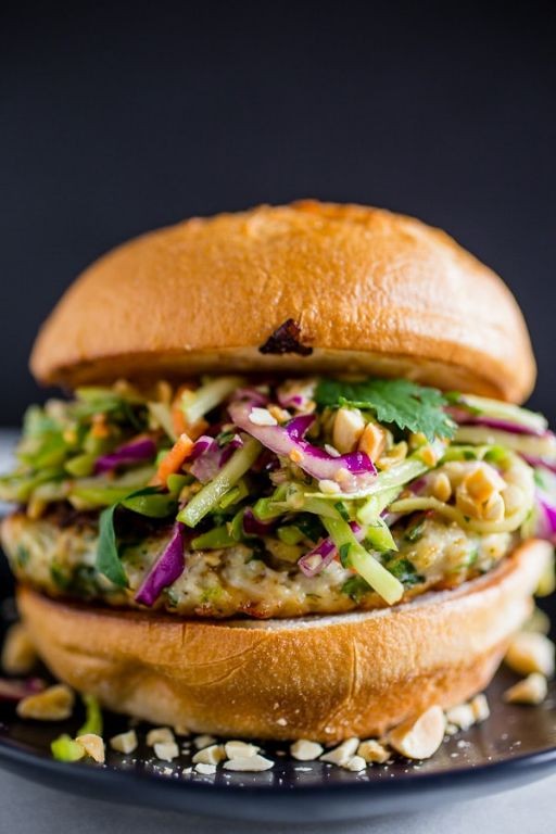 Thai Peanut Chicken Burger with Cucumber Relish