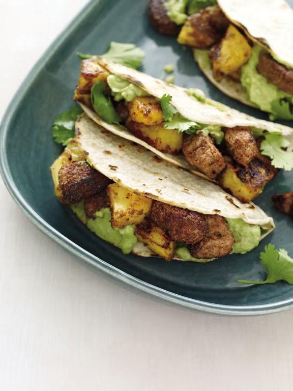 Thin Sliced Pork Tacos with Avocado Crema