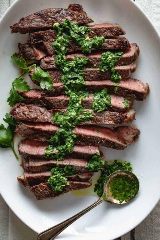 Thin Sliced Sirloin Tip Steak with Chimichurri Sauce