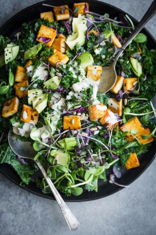 Tofu and Kale Salad with Lemon Tahini Dressing