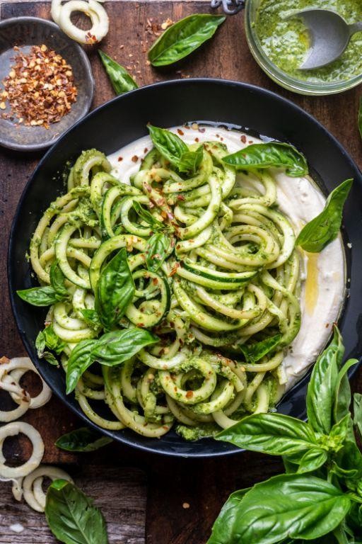 Tofu and Zucchini Noodles with Pesto