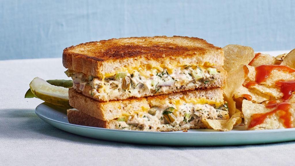 Tuna Melt Sandwich with Cheddar and Pickles