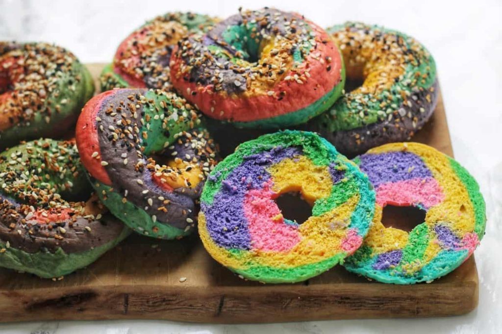 Vegan Rainbow Bagels with Almond Butter Drizzle