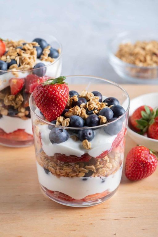 Yogurt parfait with granola and mixed fruits