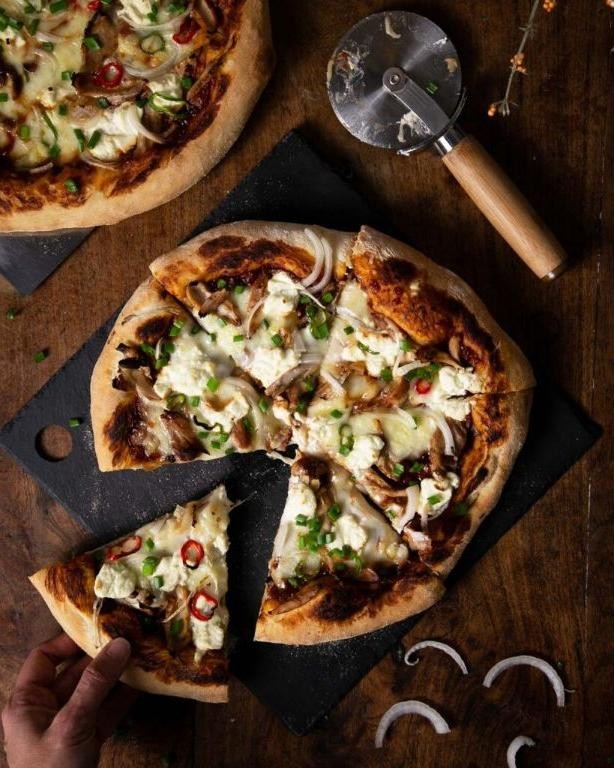 Adobo Chicken Pizza with Mozzarella and Red Onions