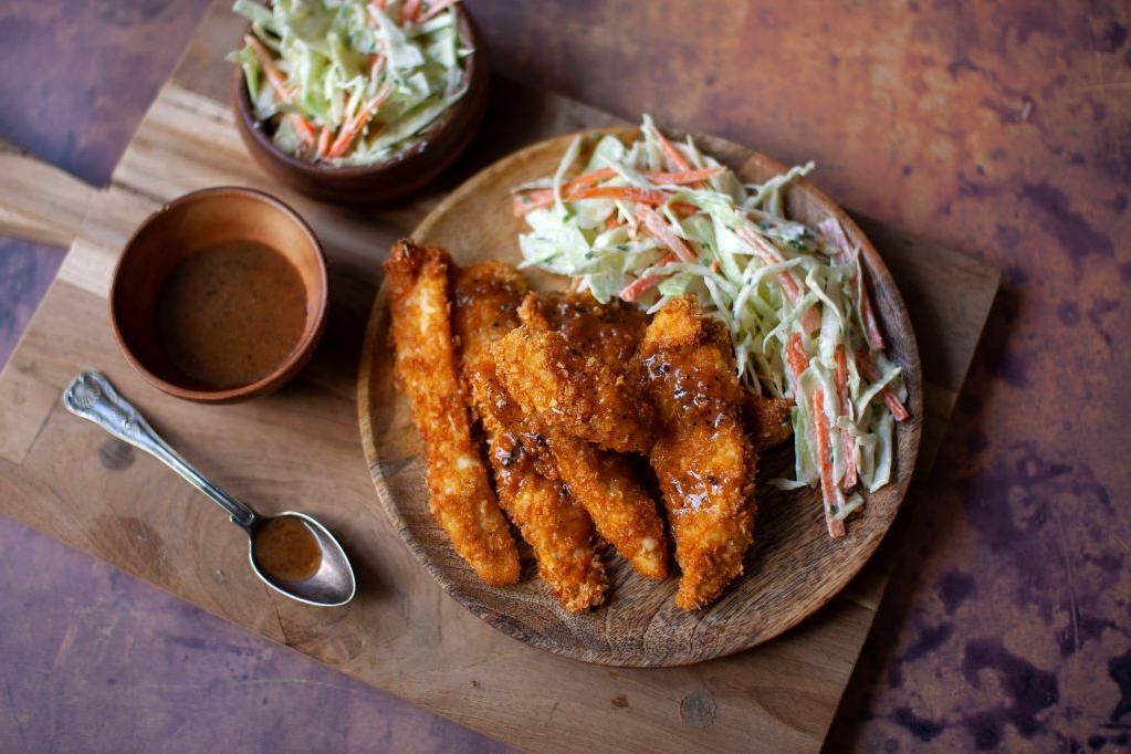 BBQ Baked Chicken Tenderloins with Coleslaw