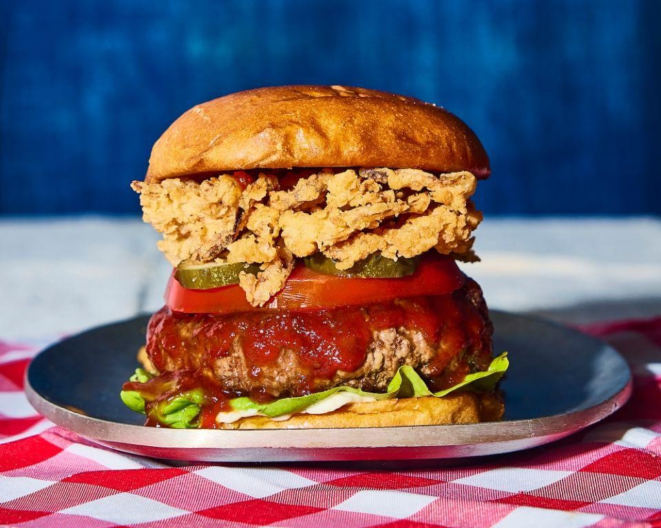 BBQ Elk Burger with Crispy Onion Straws