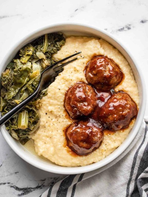 BBQ Glazed Meatballs with Cheddar Grits