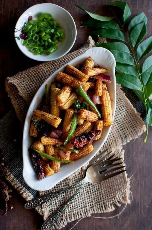 Baby corn and potato roast with Indian spices