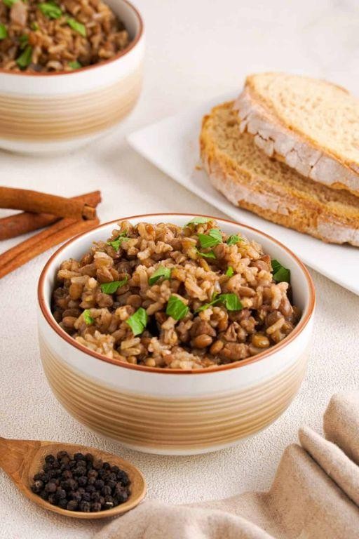 Baked Mujadara Casserole with Feta Cheese