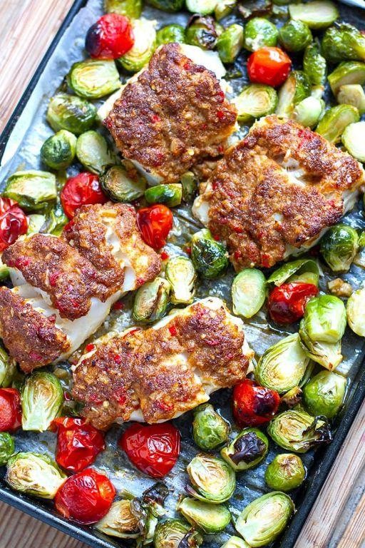 Baked cod with roasted Brussels sprouts