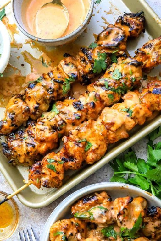 Bang Bang Chicken Skewers with Peanut Drizzle