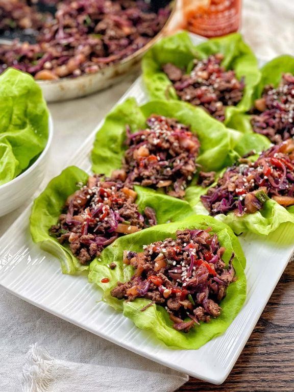 Beef Fine Cubes Lettuce Wraps with Hoisin Glaze