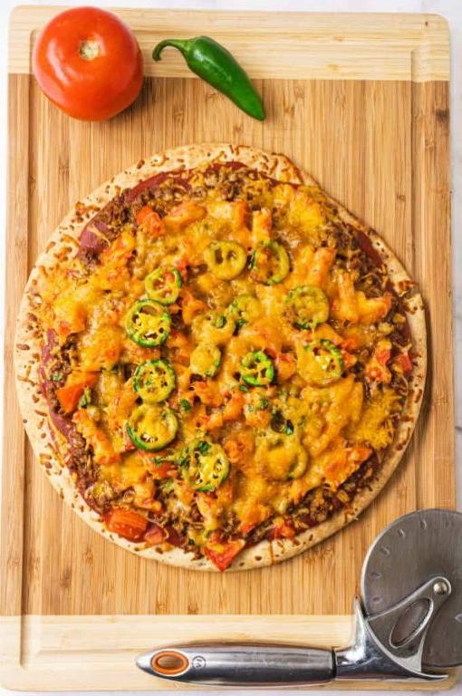 Beef Taco Pizza with Cheddar and Jalapeños
