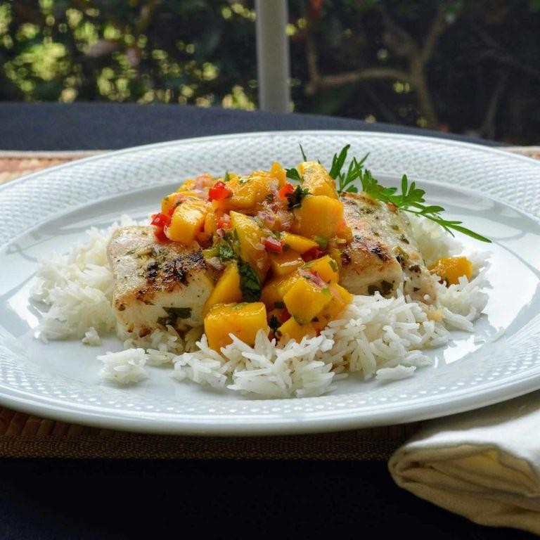 Blackened Tilapia with Mango Salsa and Coconut Rice