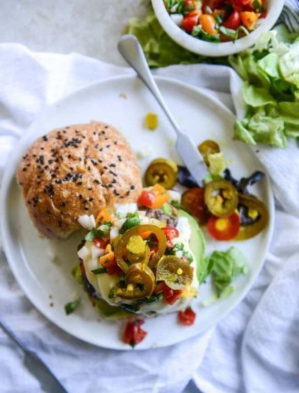 Breakfast Burger with Guacamole and Pico de Gallo