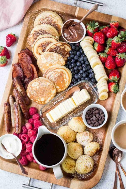 Brunch Charcuterie Board with Mini Pancakes and Syrup