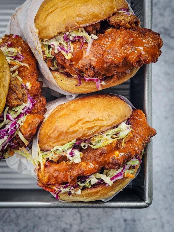 Buffalo BBQ Chicken Sandwich with Blue Cheese Slaw