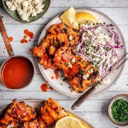 Buffalo Boneless Chicken Thighs with Blue Cheese Dip