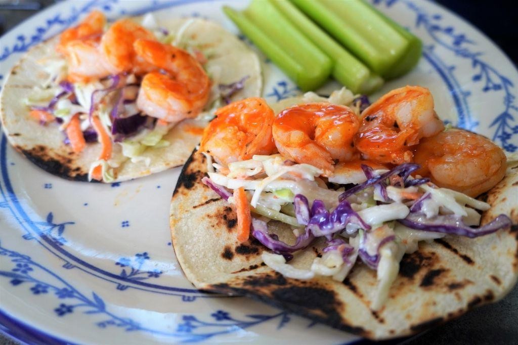 Buffalo Shrimp Tacos with Blue Cheese Slaw
